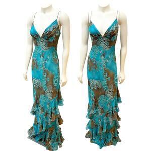 DJ Nights by Laura Ryner Blue Paisley Ruffle Gown Western 2000s Y2K Sz 11/12